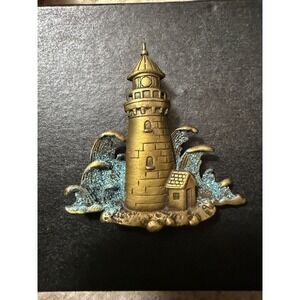 Vintage JJ Jonette Jewelry Brooch Bronze Lighthouse Blue Ocean Crashin Waves Pin